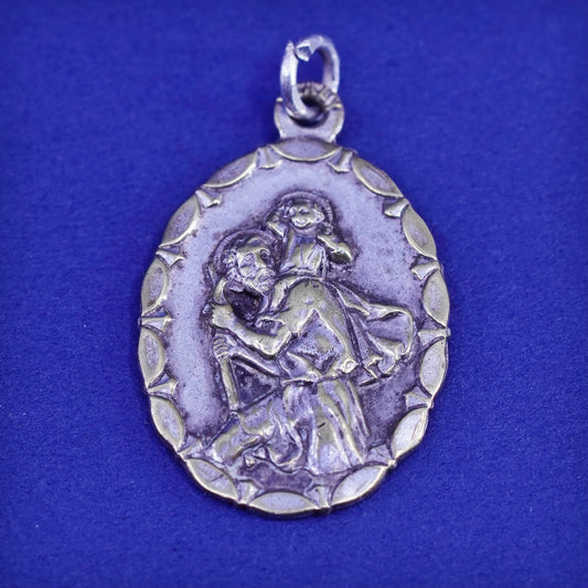 Vintage brass tag pendant, Saint Christopher protect us charm