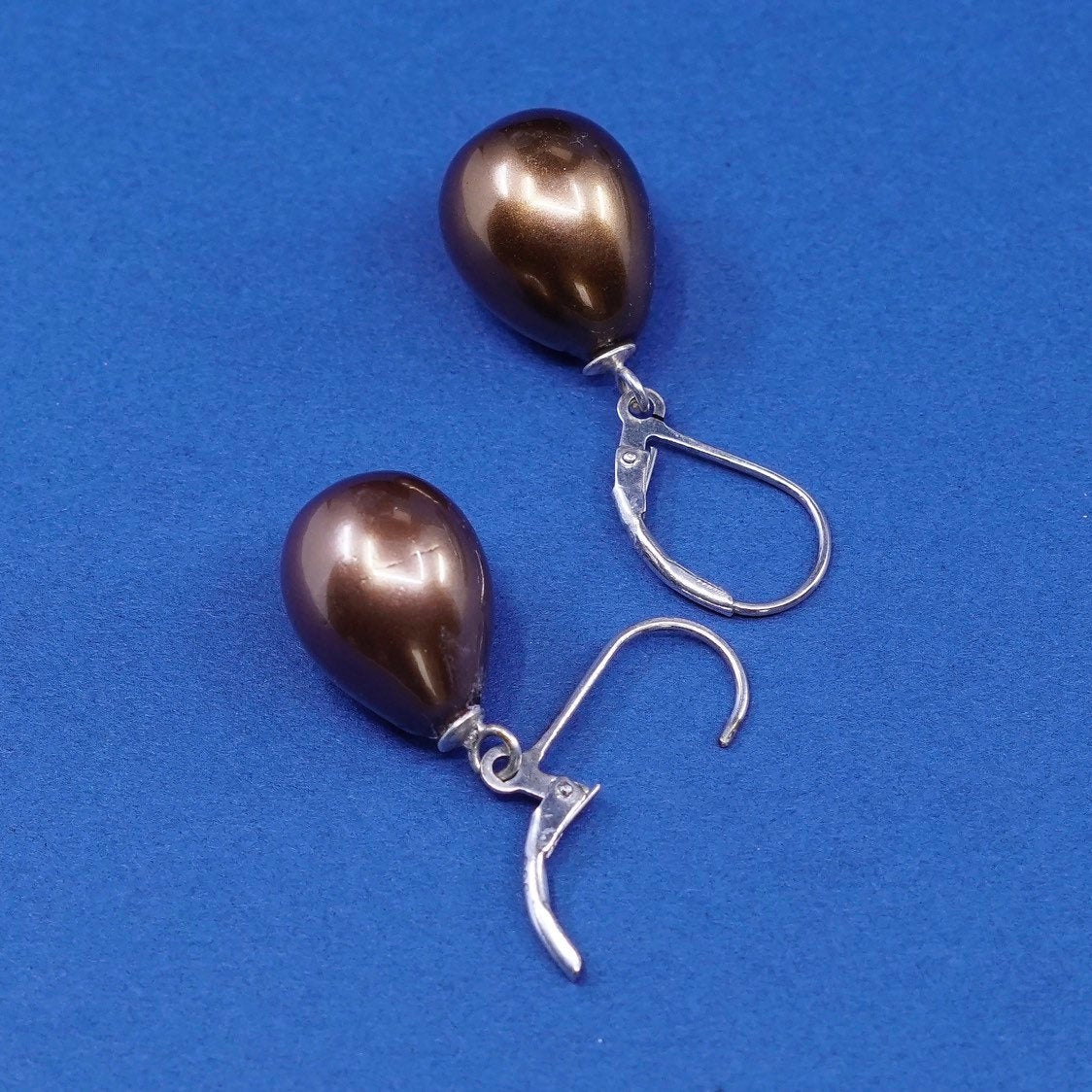 vtg Sterling silver handmade earrings, 925 hooks w/ brown pearl drops