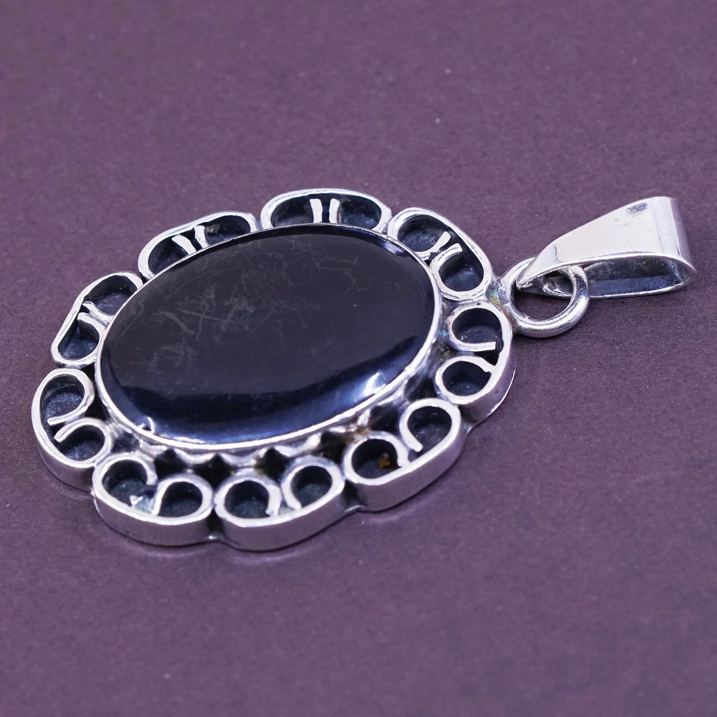 vtg Sterling silver handmade pendant, Mexico 925 w/ oval obsidian, black onyx