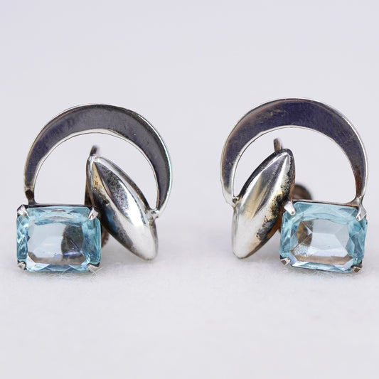 Vintage Sterling 925 silver handmade earrings, screw back moon blue rhinestone