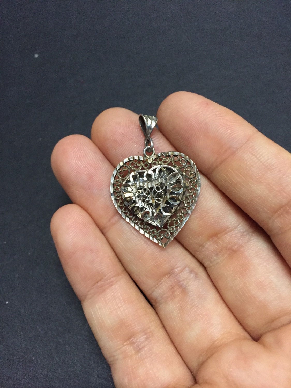 vintage sterling silver handmade pendant, 925 silver filigree heart pendant