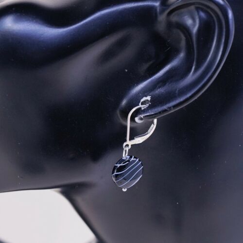 Vtg Sterling Silver handmade Earrings, 925 Silver W/ Black Agate Bead