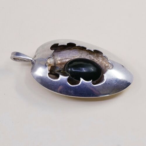 Vtg Sterling Silver Handmade Pendant solid 925 silver w/ Obsidian, stamped 925