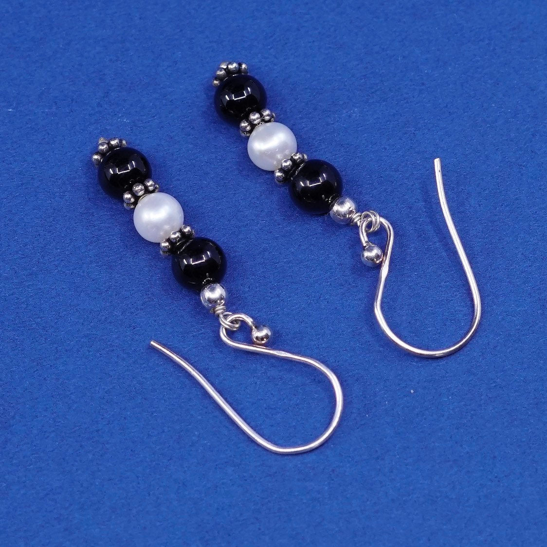 vtg Sterling silver handmade earrings, 925 w/ pearl N obsidian drops