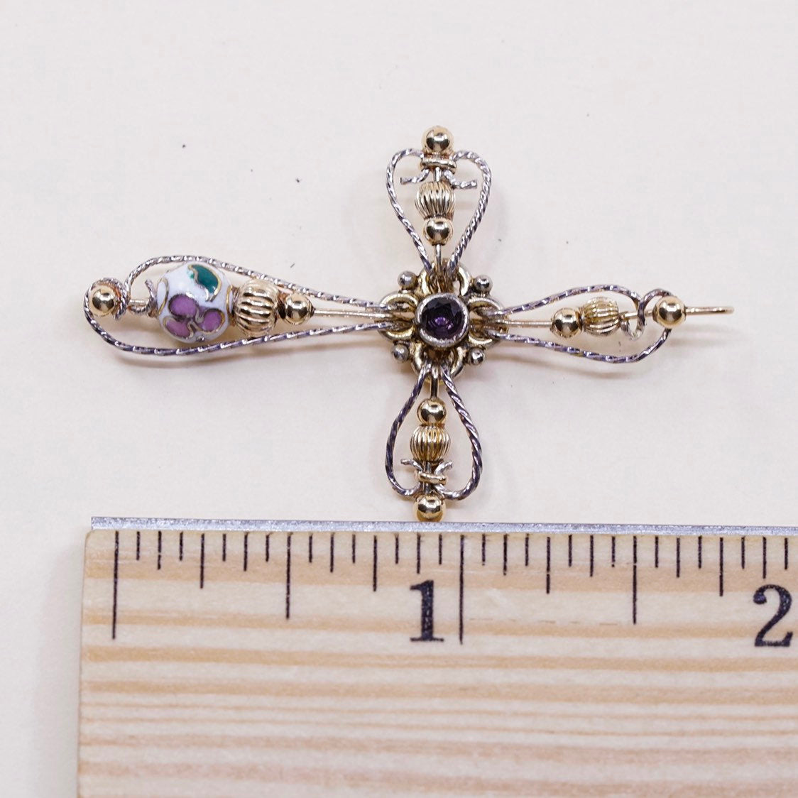 sterling silver handmade pendant, wired 925 cross w/ amethyst N 14K gold bead