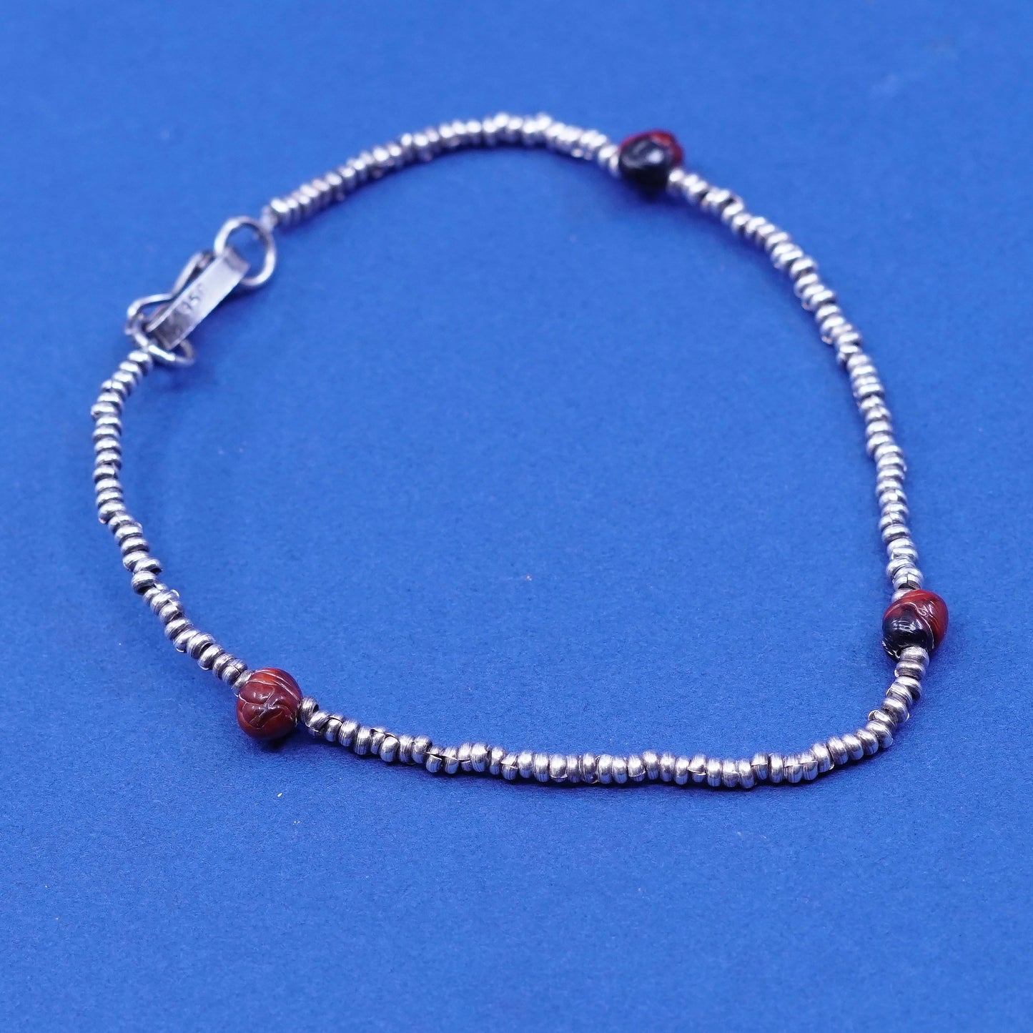 7”, vintage sterling 925 silver handmade beads and red bead bracelet