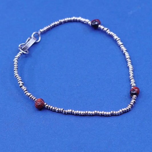 7”, vintage sterling 925 silver handmade beads and red bead bracelet