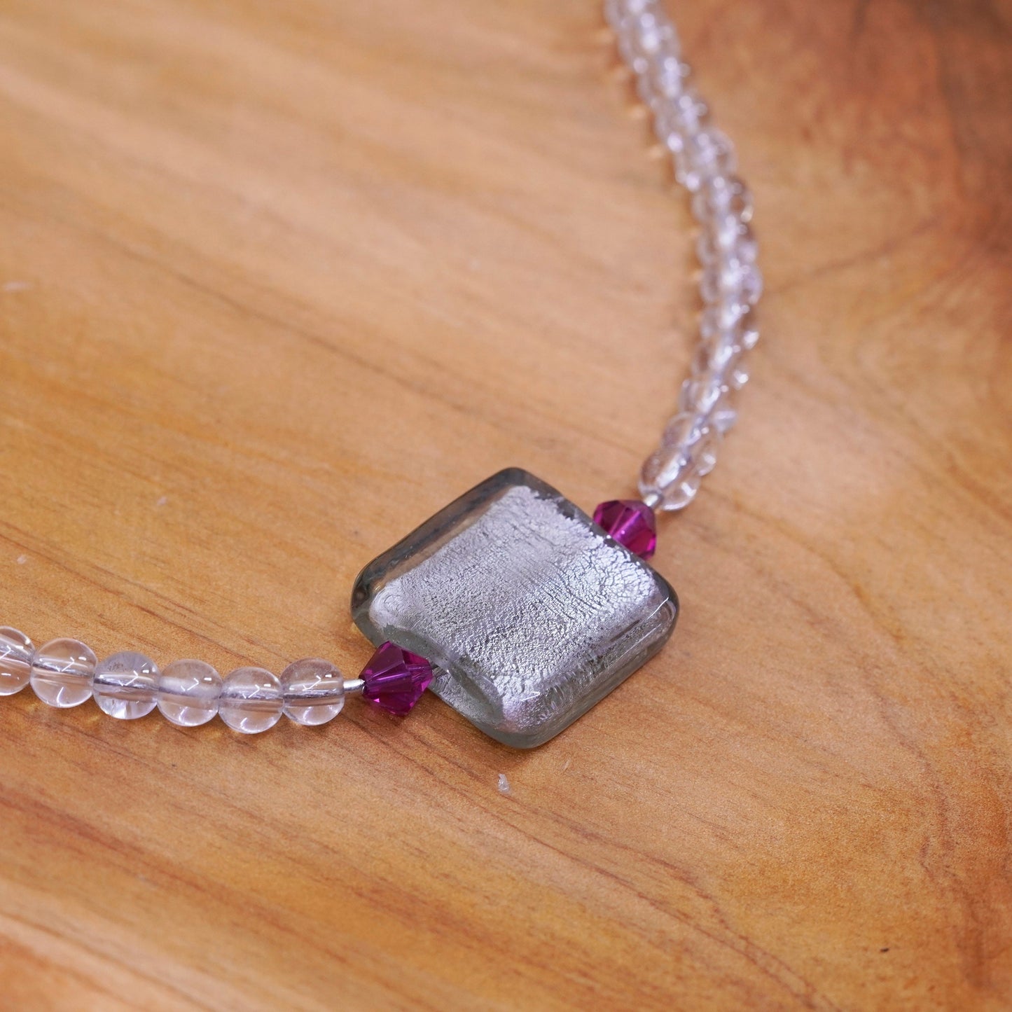 18” crystal bead necklace square foiled glass pendant Sterling 925 silver clasp