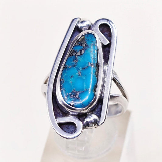 sz 8.75, vtg sterling silver ring, southwestern 925 w/ spiderwebbed turquoise