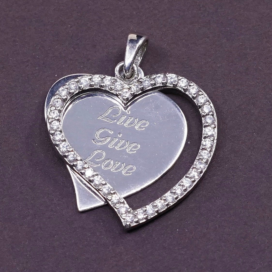 Sterling silver heart pendant, 925 engraved “love give love” Swarovski Crystal