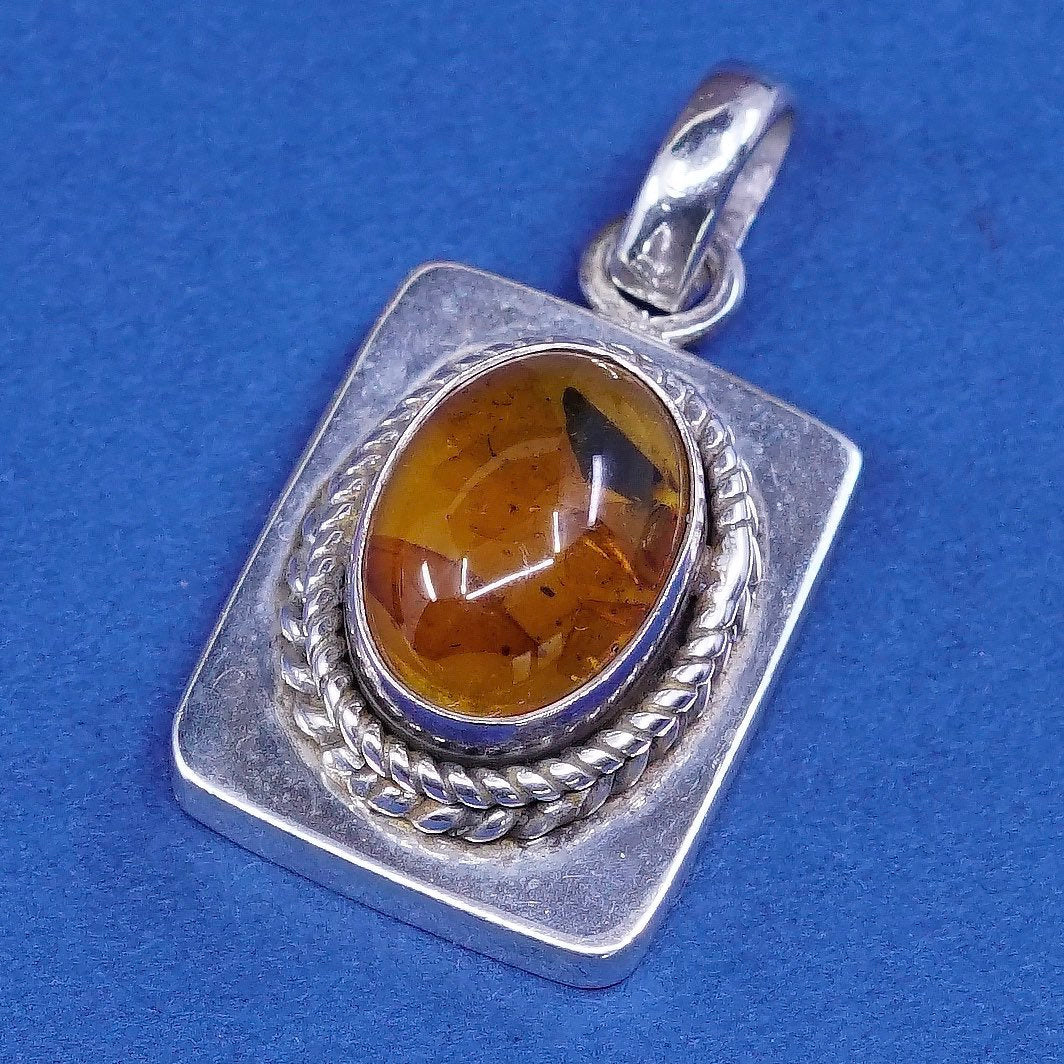 vtg Sterling silver handmade pendant, 925 w/ amber center N cable