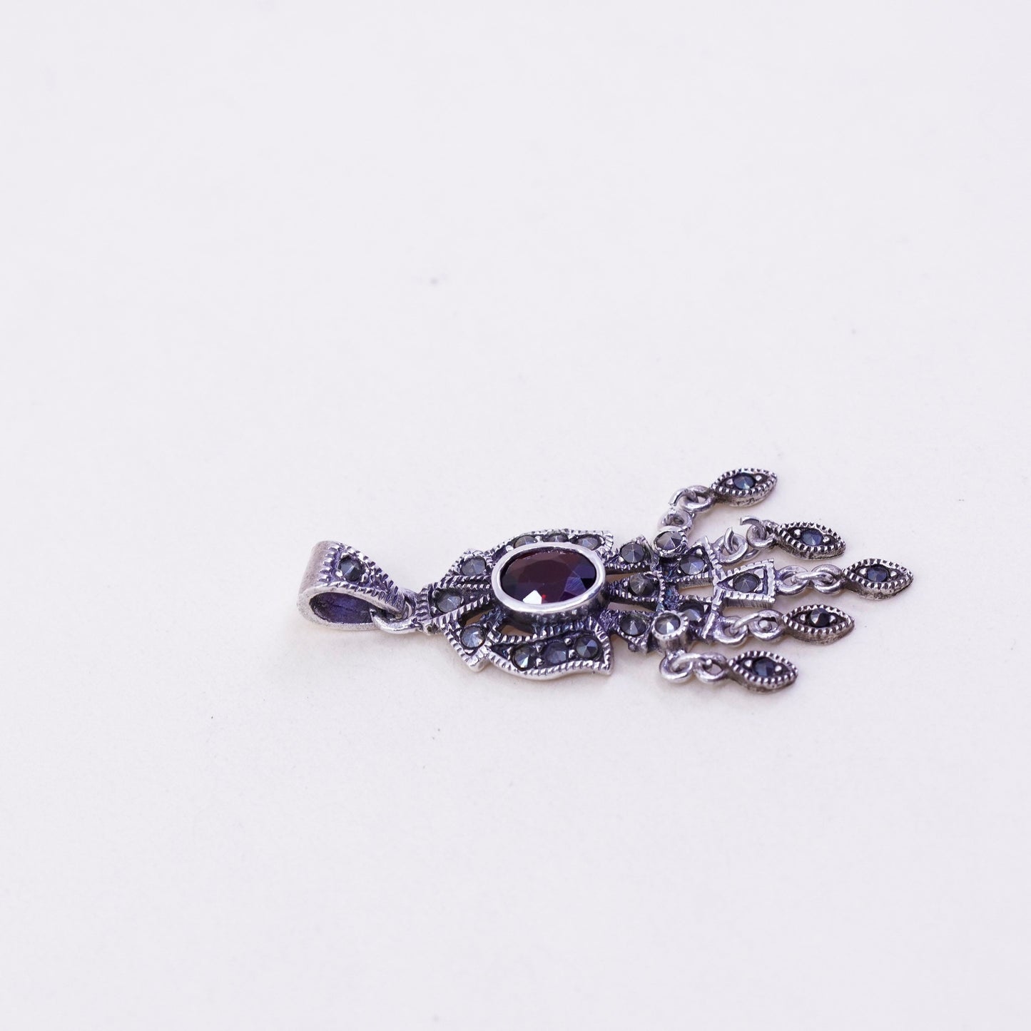 Vintage Sterling 925 silver handmade pendant with ruby and marcasite
