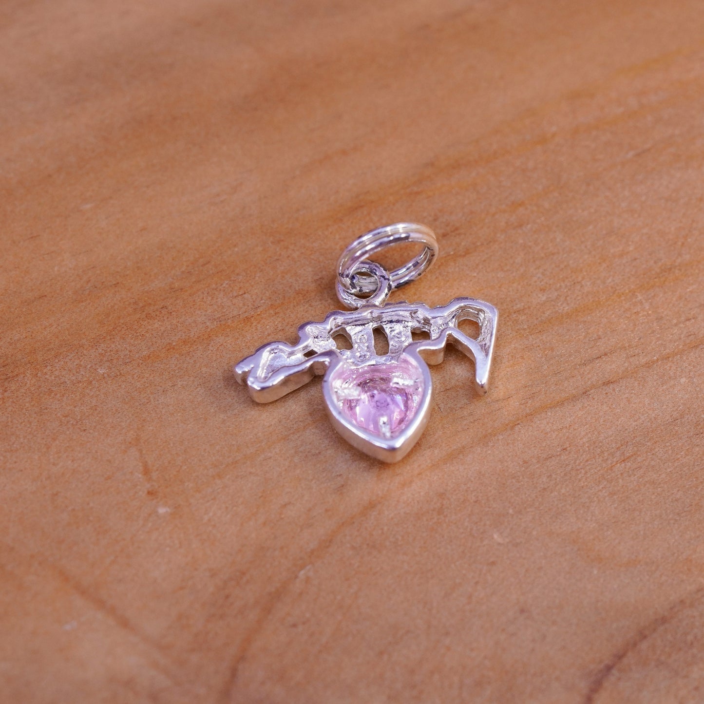 Vintage sterling silver handmade pendant, 925 princess charm heart pink crystal