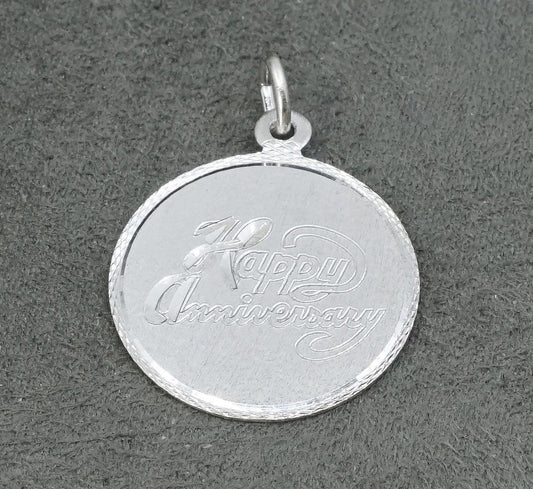 vtg Sterling silver handmade charm, 925 pendant engraved "hapoy anniversary"