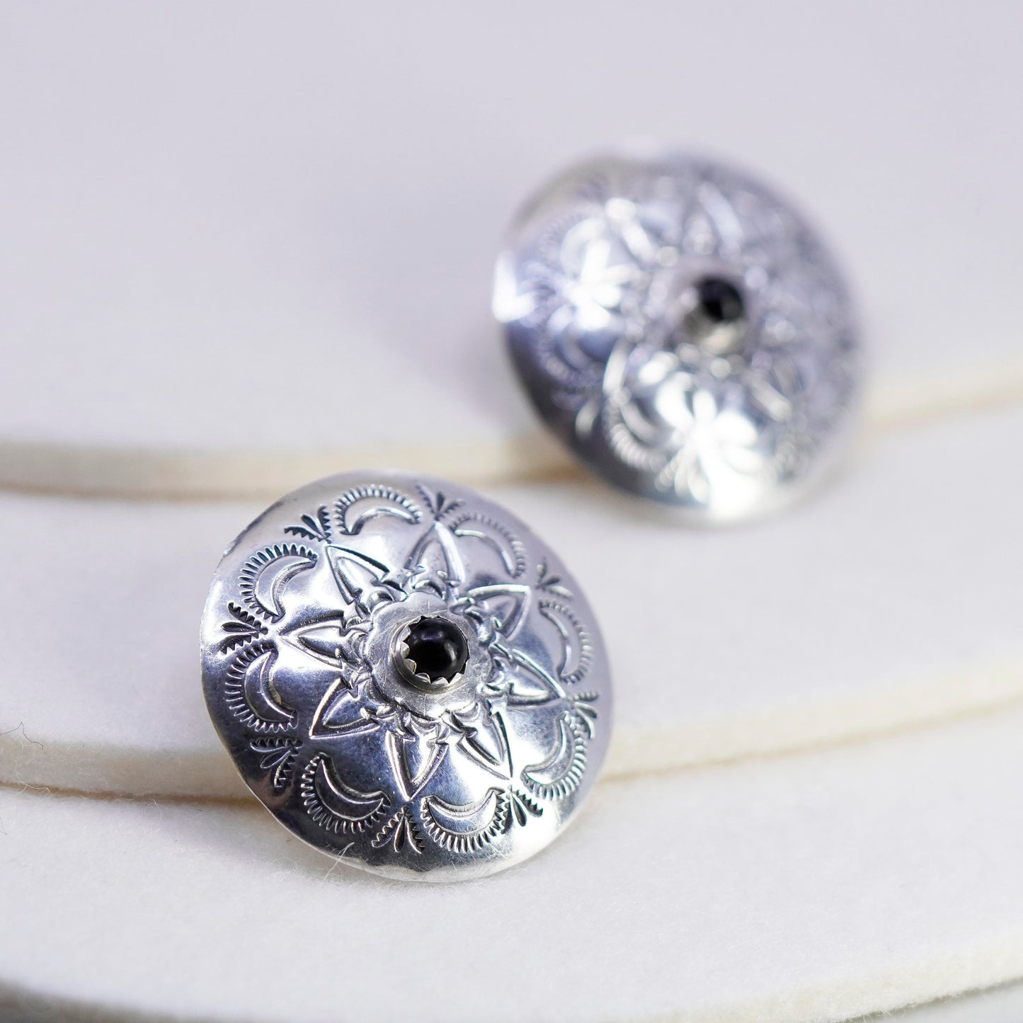 Native American Sterling 925 silver handmade earrings, disc studs obsidian