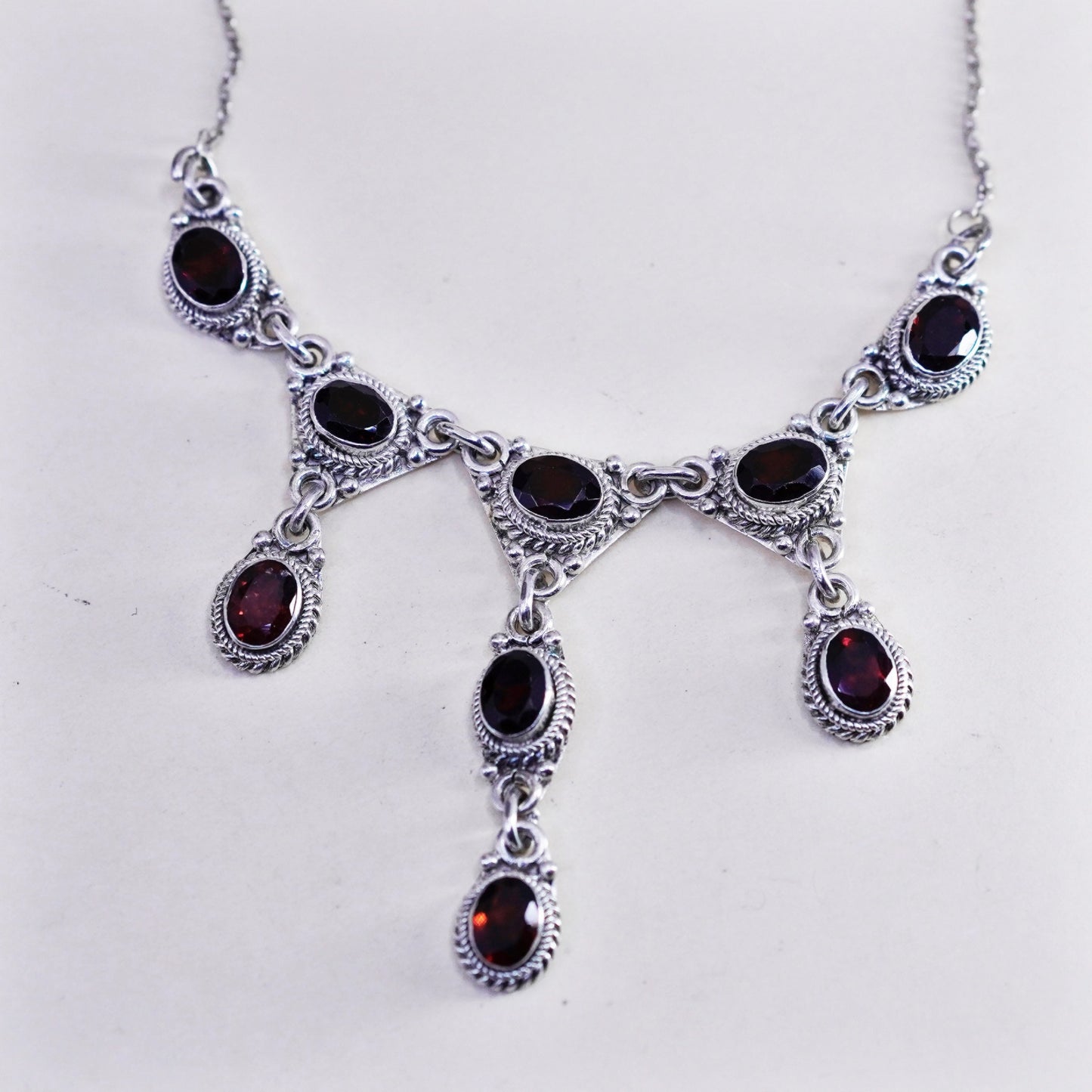 18”, Indian sterling silver handmade necklace, 925 circle chain w/ ruby pendant