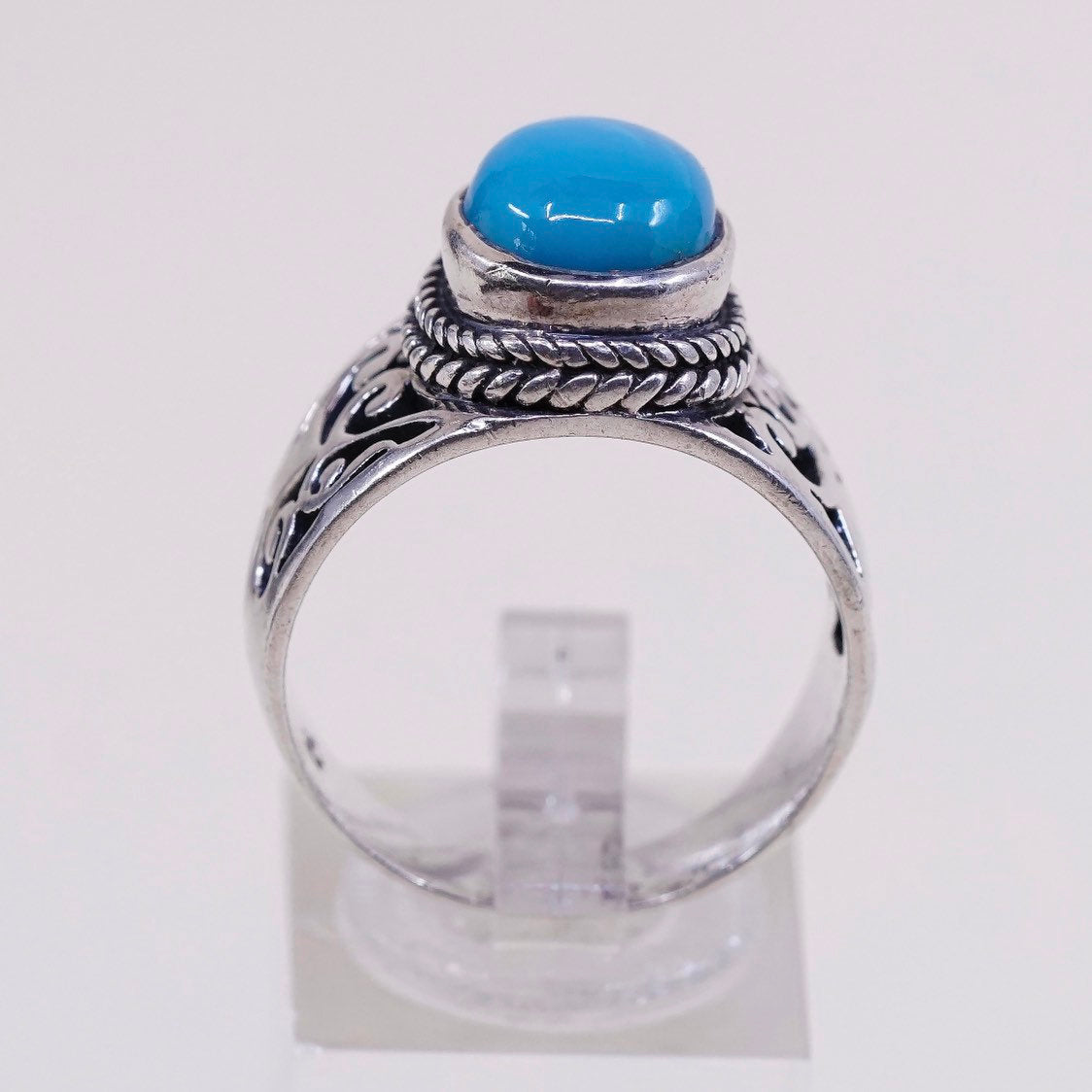 sz 10, vtg sterling silver ring, handmade 925 ring w/ turquoise n Filigree