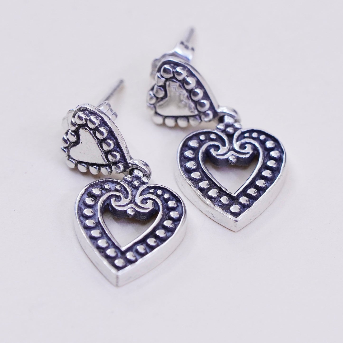 Vintage sterling silver handmade earrings, 925 heart dangles with beads