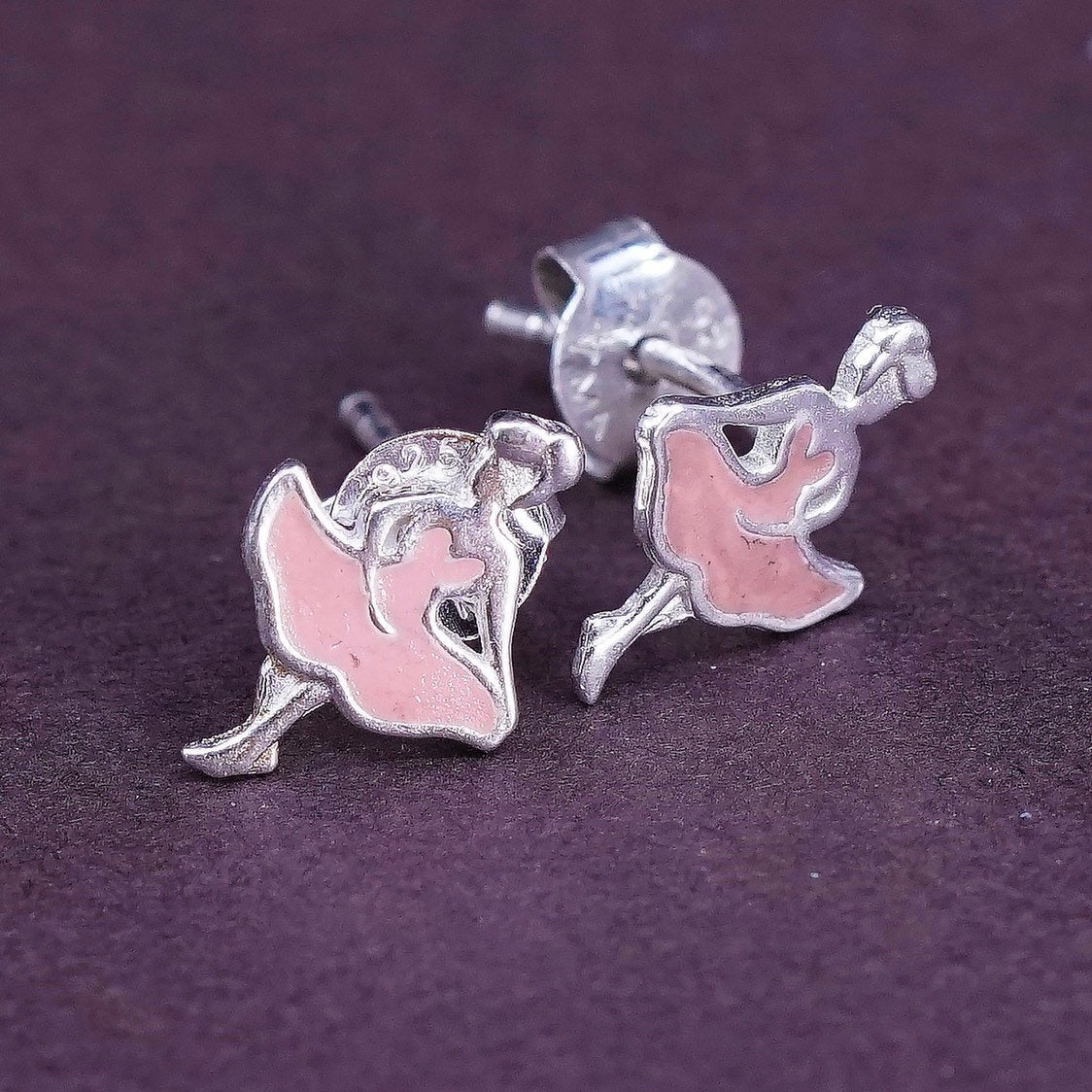 vtg Sterling silver handmade earrings, 925 lady girl studs w/ pink enamel dress