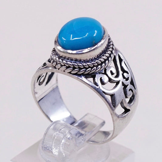 sz 10, vtg sterling silver ring, handmade 925 ring w/ turquoise n Filigree