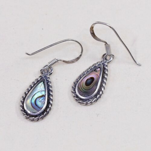 Vtg Sterling Silver Handmade Earrings, 925 Silver Drops W/ Teardrop abalone