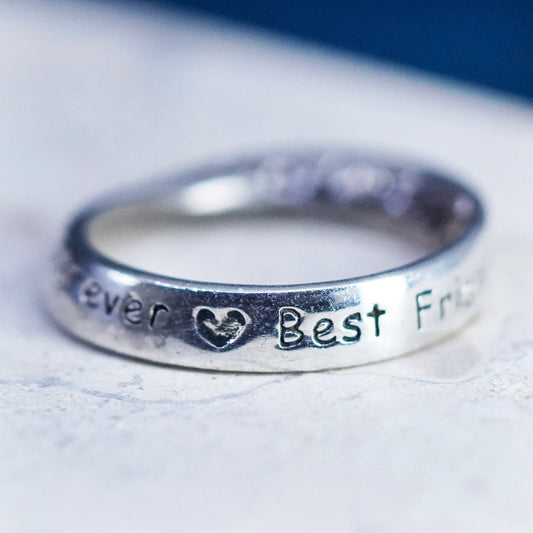 Size 2, Sterling silver ring, 925 pinky band quote best friends now and forever
