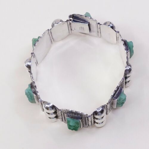 6.5” Vtg Plath Sterling Handmade Bracelet, Taxco 925 Silver W/ Jade Warrior Face