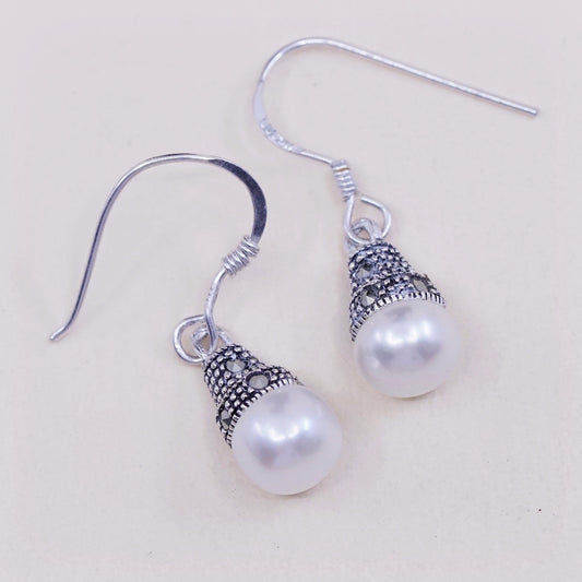 vtg Sterling silver handmade earrings, 925 teardrop with Marcasite and pearl