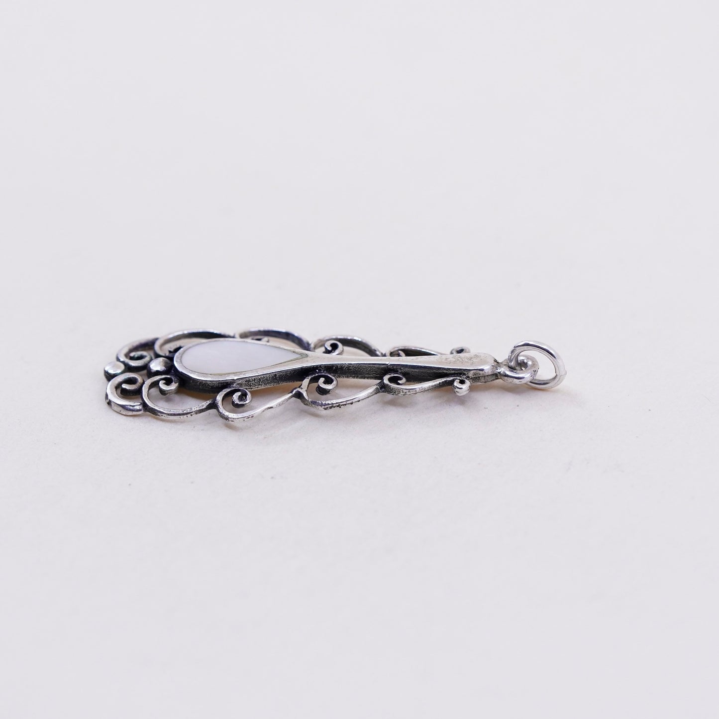 sterling silver pendant, 925 filigree teardrop charm with mother of pearl