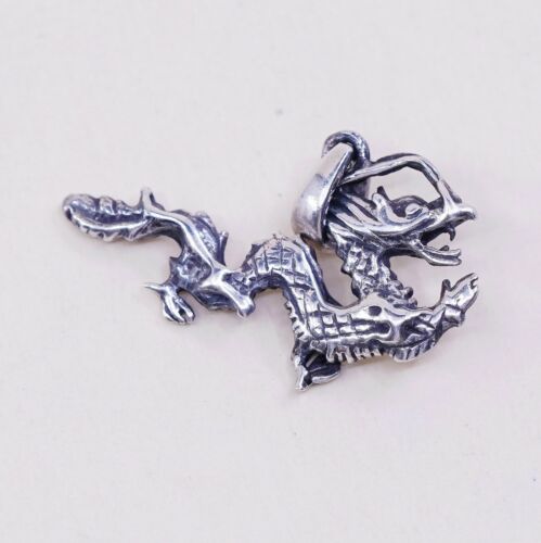 Vtg sterling 925 silver Handmade Orient Dragon Pendant Charm, Silver Twsted