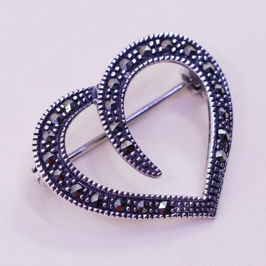 Vintage sterling silver handmade brooch, 925 heart with marcasite details