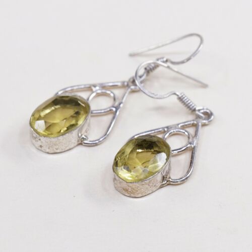 Vtg Sterling Silver Handmade Earrings, 925 Dangles W/ Oval Shaped Citrine