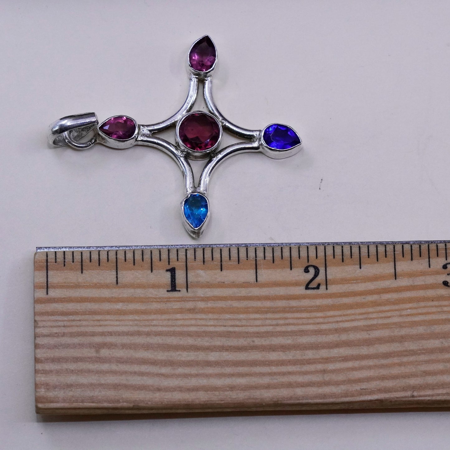 Vintage Sterling silver handmade pendant 925 cross amethyst ruby topaz sapphire