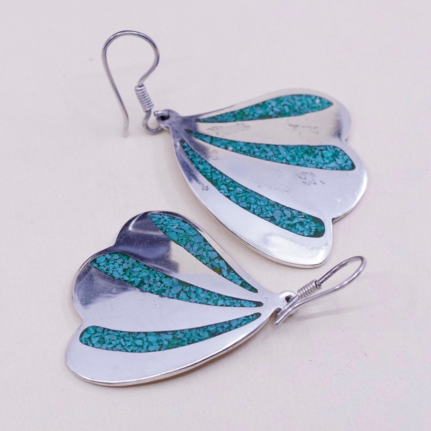 Vintage sterling 925 silver handmade earrings, mexico wings with turquoise