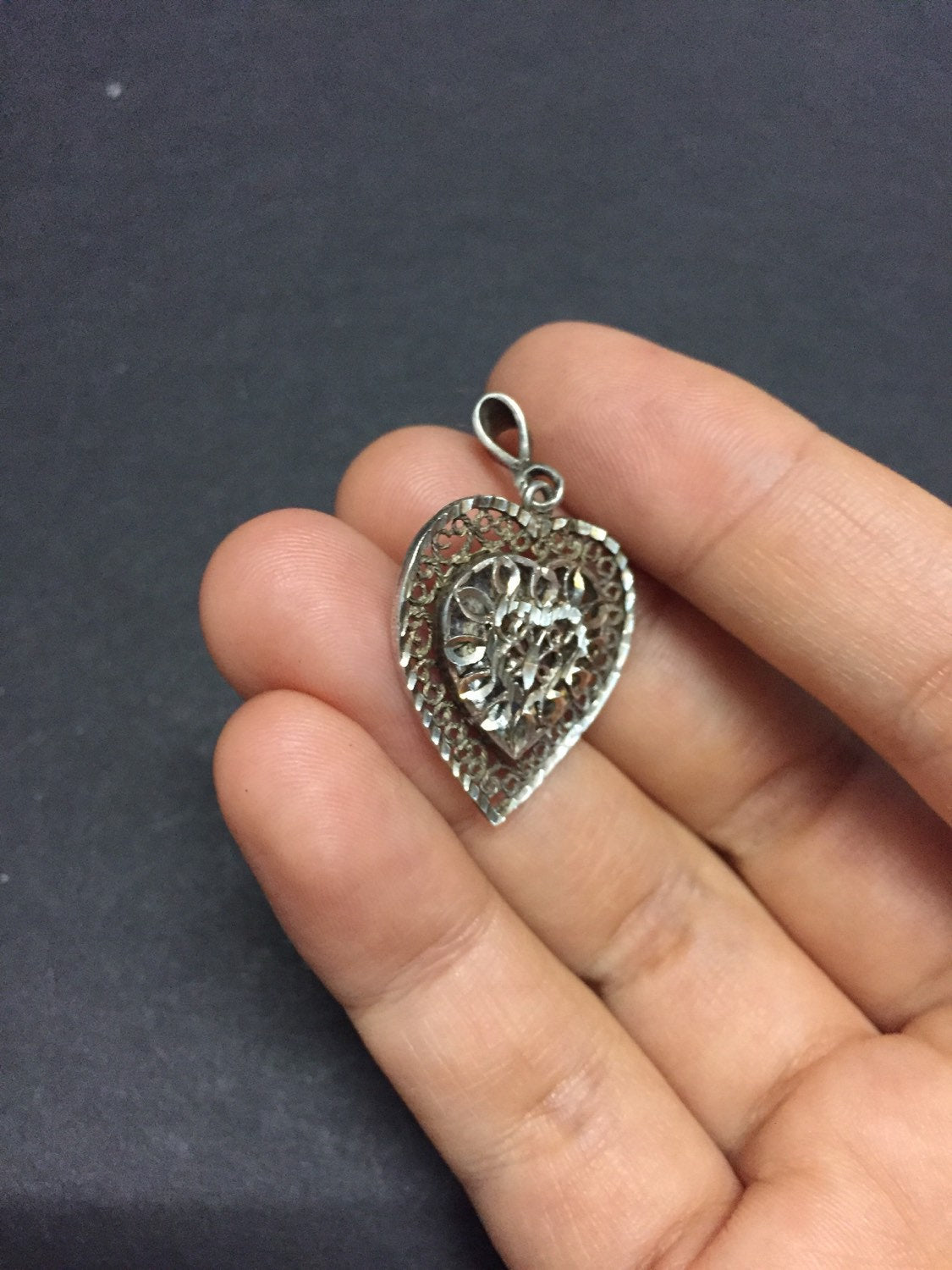 vintage sterling silver handmade pendant, 925 silver filigree heart pendant