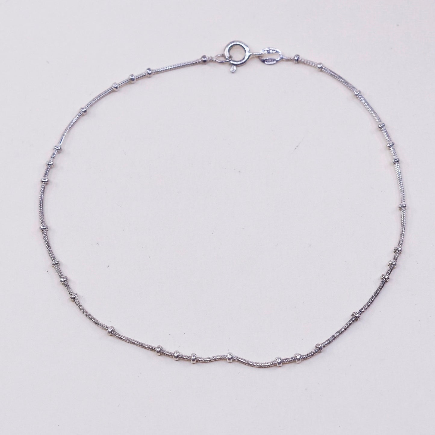 9.75”, VTG Handmade sterling silver anklet, italy 925 snake chain w/ beads