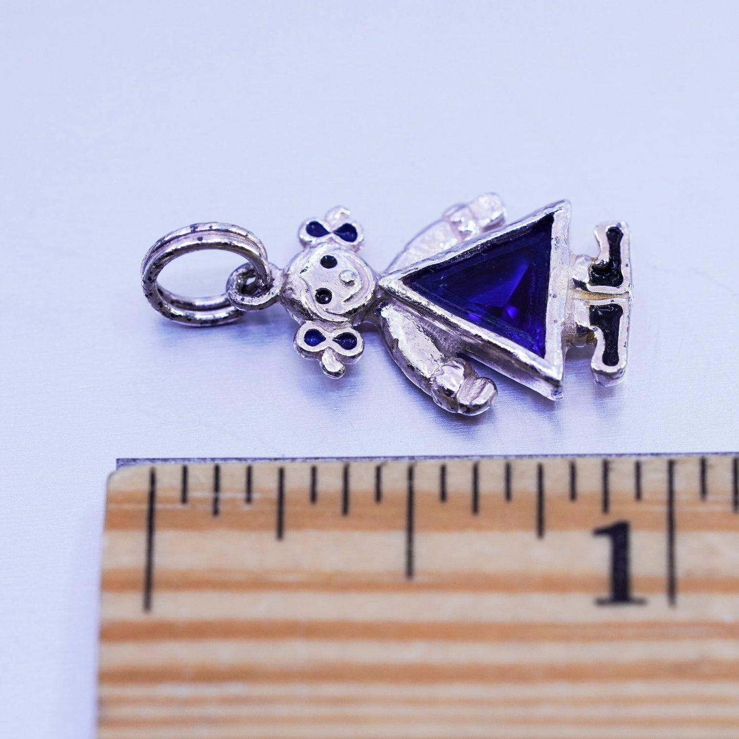 Antique Sterling silver handmade charm, 925 birthstone blue crystal dress