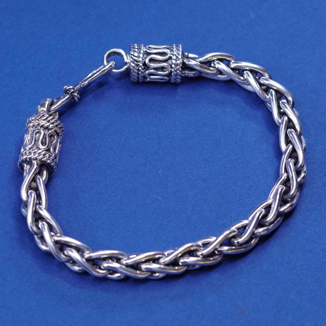 6.75”, 7mm, vtg mexico Sterling silver handmade bracelet, bold 925 wheat chain