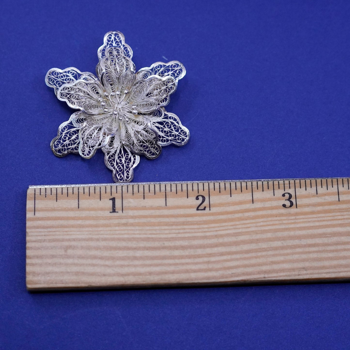 Vintage sterling silver handmade brooch, 925 filigree flower pin