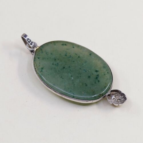 Vtg Sterling Silver Handmade Pendant solid 925 silver w/ Oval jade N Flowrt