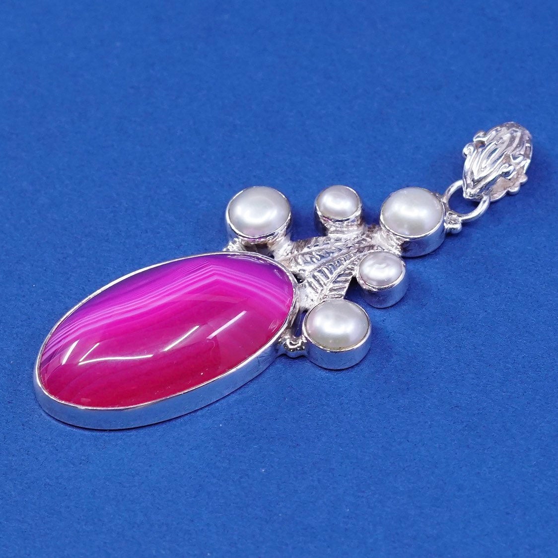 vtg sterling silver handmade pendant, 925 w/ pink lace agate N pearl