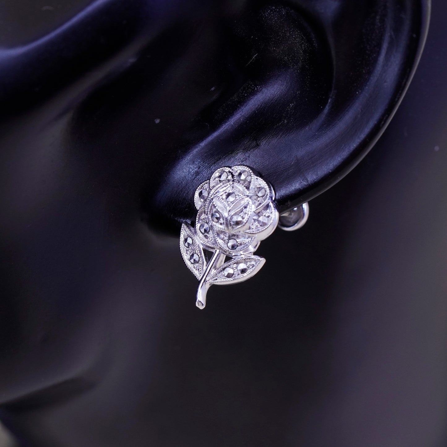 Sterling silver handmade earrings, 925 screw back rose flower with Marcasite