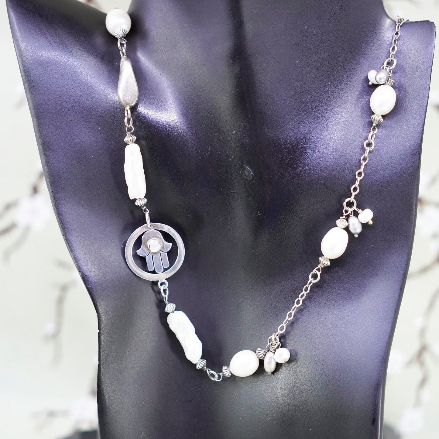 40”, Hebrew sterling 925 silver extra long necklace, circle chain pearl