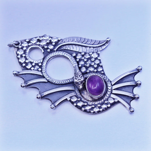 antique sterling 925 silver handmade charm fish pendant with snake and amethyst