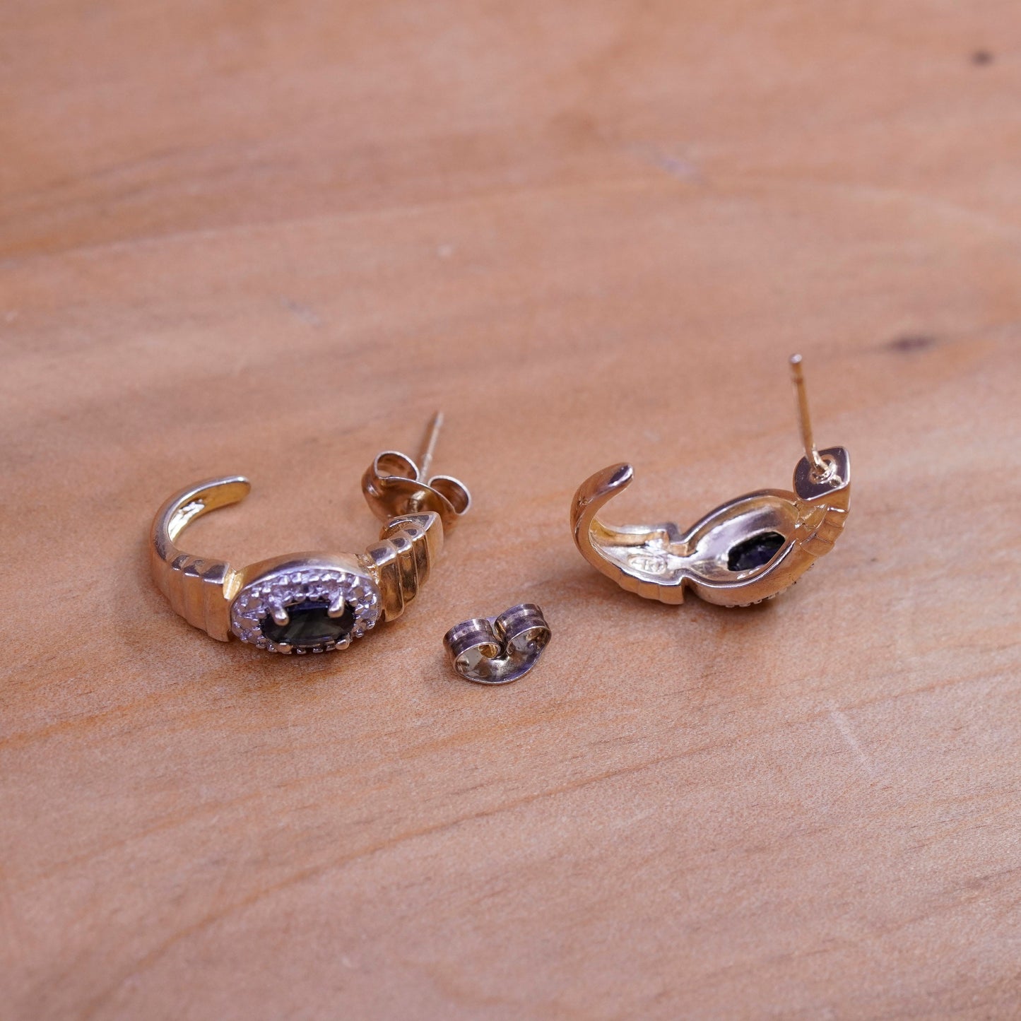 0.75”, vermeil gold Sterling silver earrings, 925 huggie studs sapphire diamond
