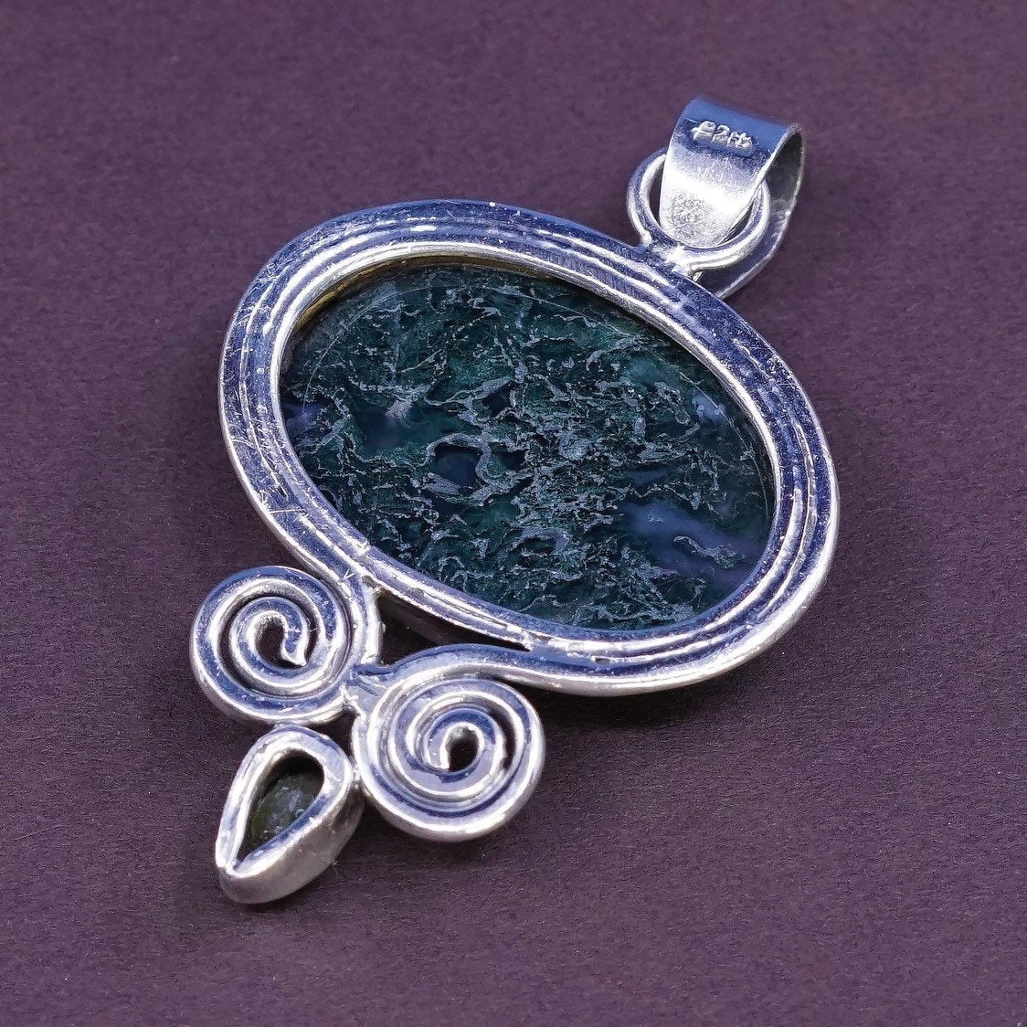 vtg Sterling silver handmade pendant w/ dendritic agate and peridot