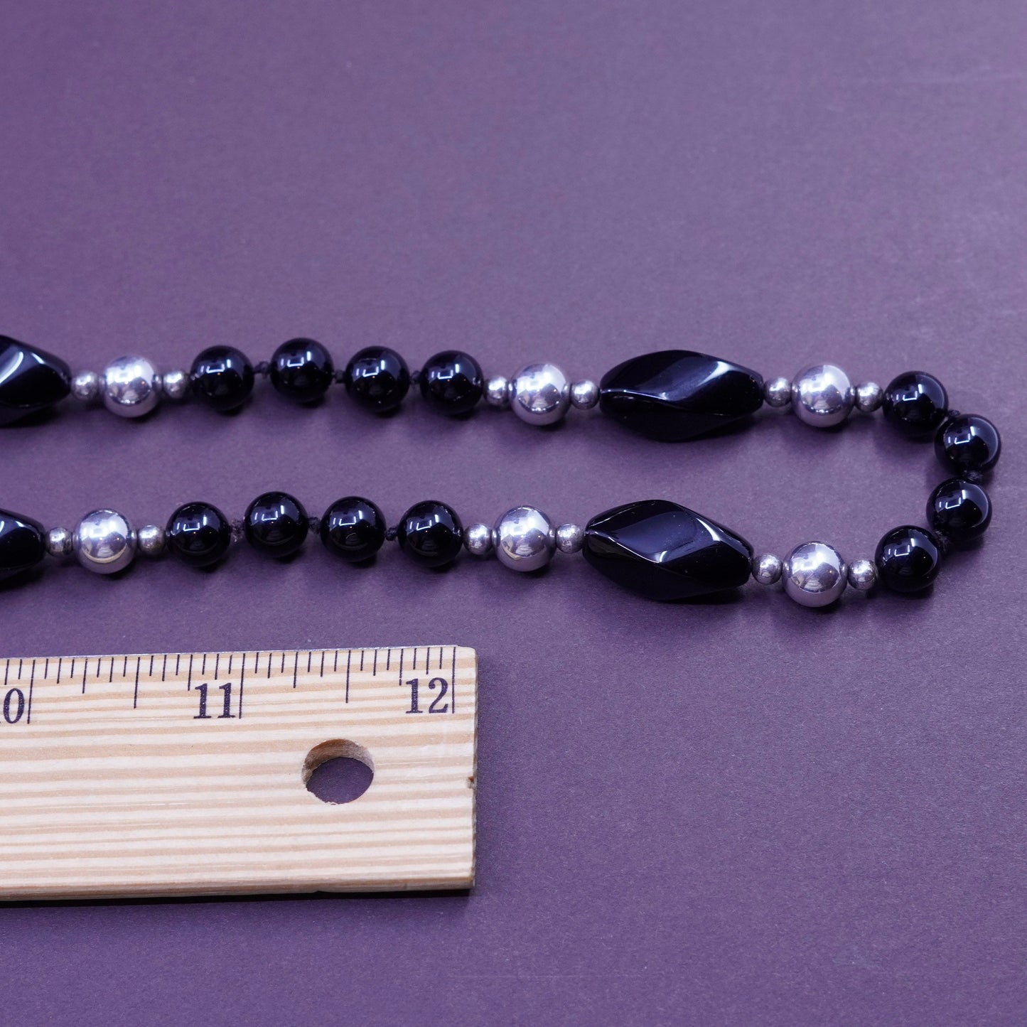 30” vintage sterling 925 silver handmade necklace with obsidian beads