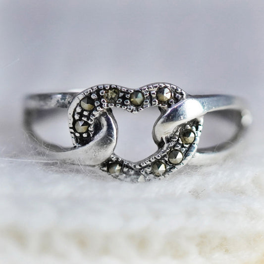 Size 10.25, Vintage Sterling 925 silver handmade heart ring with marcasite
