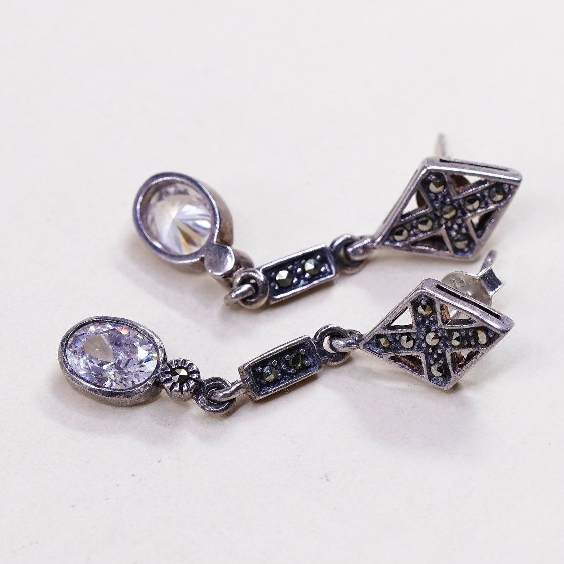 sterling 925 silver handmade earrings, square cz, teardrop crystal n marcasite