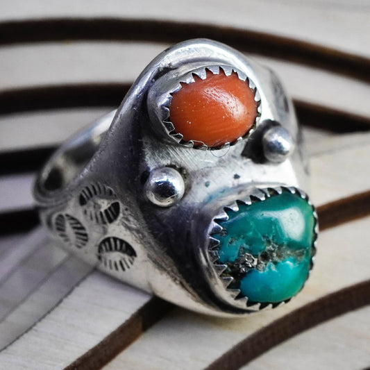 Size 9.75, sterling silver ring, Native American 925 band ring turquoise, coral